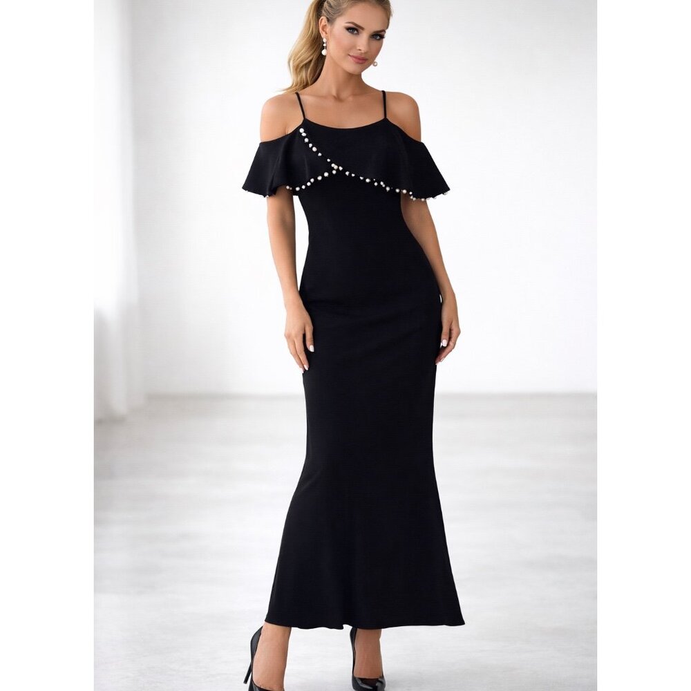 Badgley Mischka off shoulder black pearl trim dress size 10
